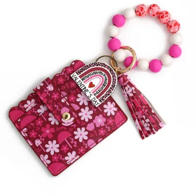 Fashion Heart Printed Silicone Bead Bracelet Tassels Card Bag Keychain