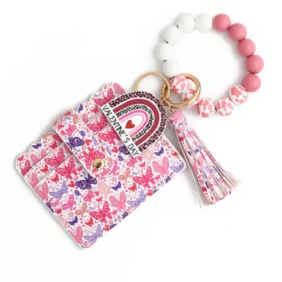 Fashion Heart Printed Silicone Bead Bracelet Tassels Card Bag Keychain