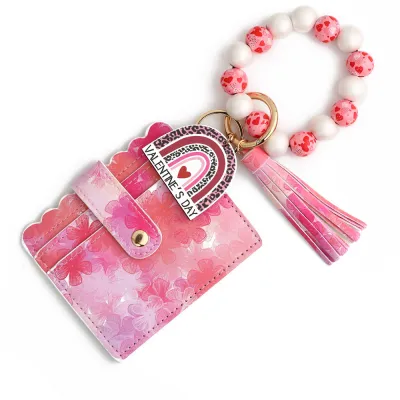 Fashion Heart Printed Silicone Bead Bracelet Tassels Card Bag Keychain