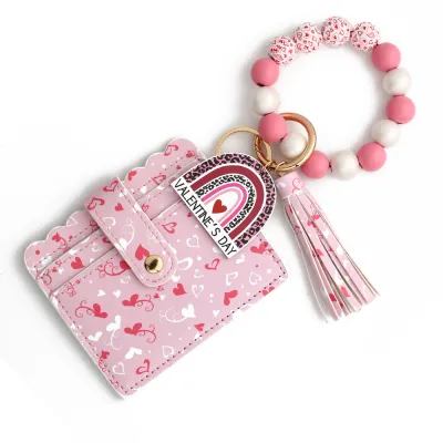Fashion Heart Printed Silicone Bead Bracelet Tassels Card Bag Keychain