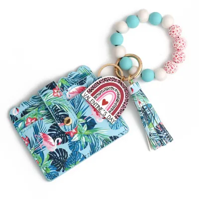 Fashion Heart Printed Silicone Bead Bracelet Tassels Card Bag Keychain