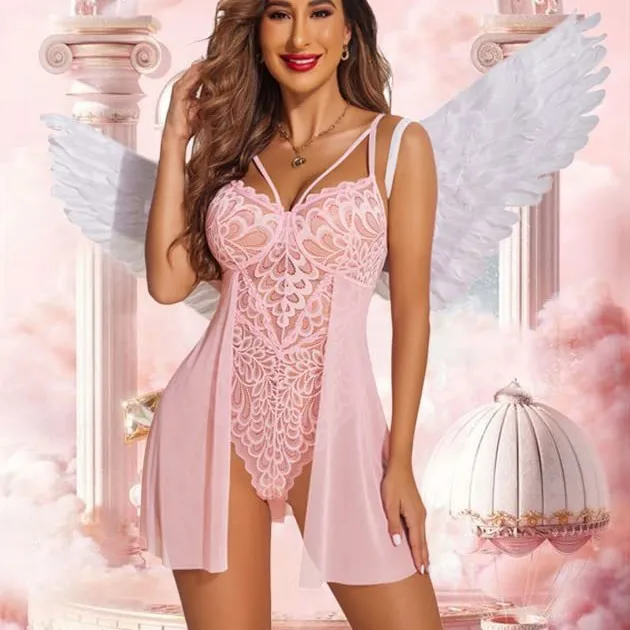 Women Solid Color Lace Mesh Splicing Strap One-Piece Sexy Lingerie Bra Set