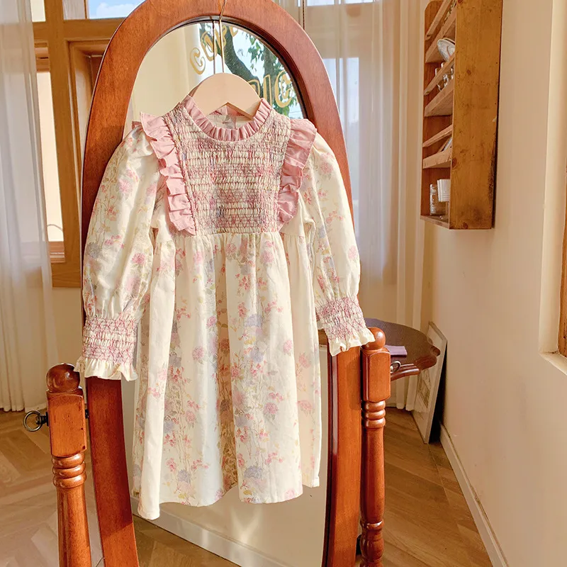Kids Toddler Girls Casual Cute Tiny Flower Print Long Sleeve Dress Princess Style Cotton