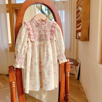 Kids Toddler Girls Casual Cute Tiny Flower Print Long Sleeve Dress Princess Style Cotton