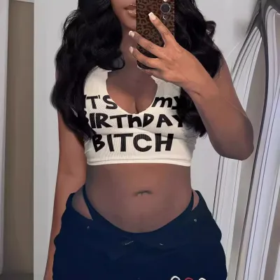 Women Sexy Letter Printed V-Neck Sleeveless Crop Top