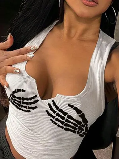 Women Sexy Letter Print U-Neck Sleeveless Crop Top