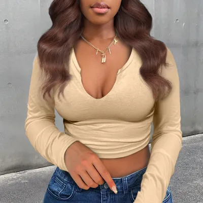 Women Fashion Sexy Solid Color V-Neck Long-Sleeve Crop Top