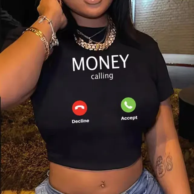Women Fashion Sexy Printed Short-Sleeve Spandex Crop Top