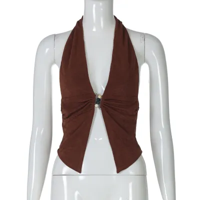 Women Fashion Sexy Solid Color Halter-Neck Crop Top Slim Fit
