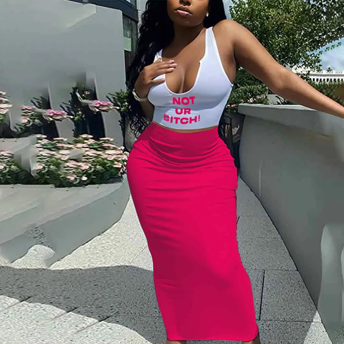 Women Fashion Sexy Letter Printed Deep-V Neck Sleeveless Crop Top Tight Skirt Two-Piece Set