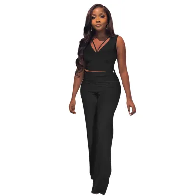 Women Fashion Casual Solid Color Sleeveless Crop Top High Waist Slim Fit Pants Two-Piece Set