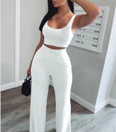 Women Casual Solid Color Sleeveless Tank Top High-Waist Loose Pants Set
