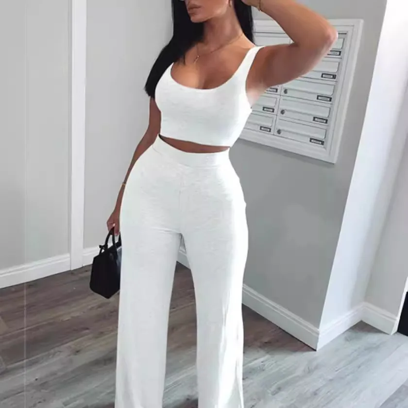 Women Casual Solid Color Sleeveless Tank Top High-Waist Loose Pants Set