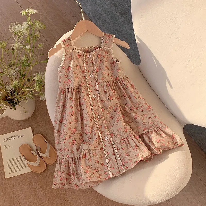Kids Toddler Girls Casual Cute Tiny Flower Print Strap Sleeveless Cotton A-Line Dress