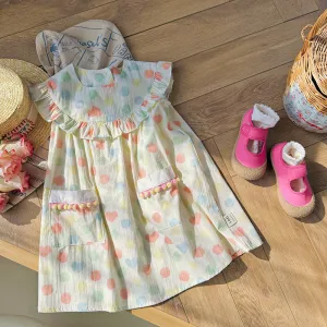 Kids Girls Casual Cute Heart Print A-Line Short Sleeve Dress Cotton