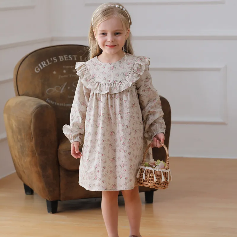 Kids Toddler Girls Cute Ruffled Floral Long Sleeve Dress