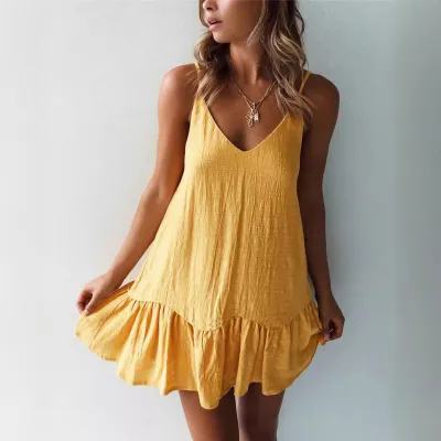 Women Fashion Solid Color V-Neck Backless Ruffled Camisole Dress