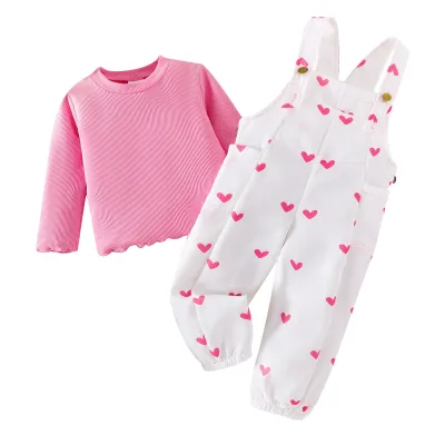 Kids Toddler Girls Casual Stripe Long Sleeve T-Shirt and Heart Flower Print Suspender Pants Set