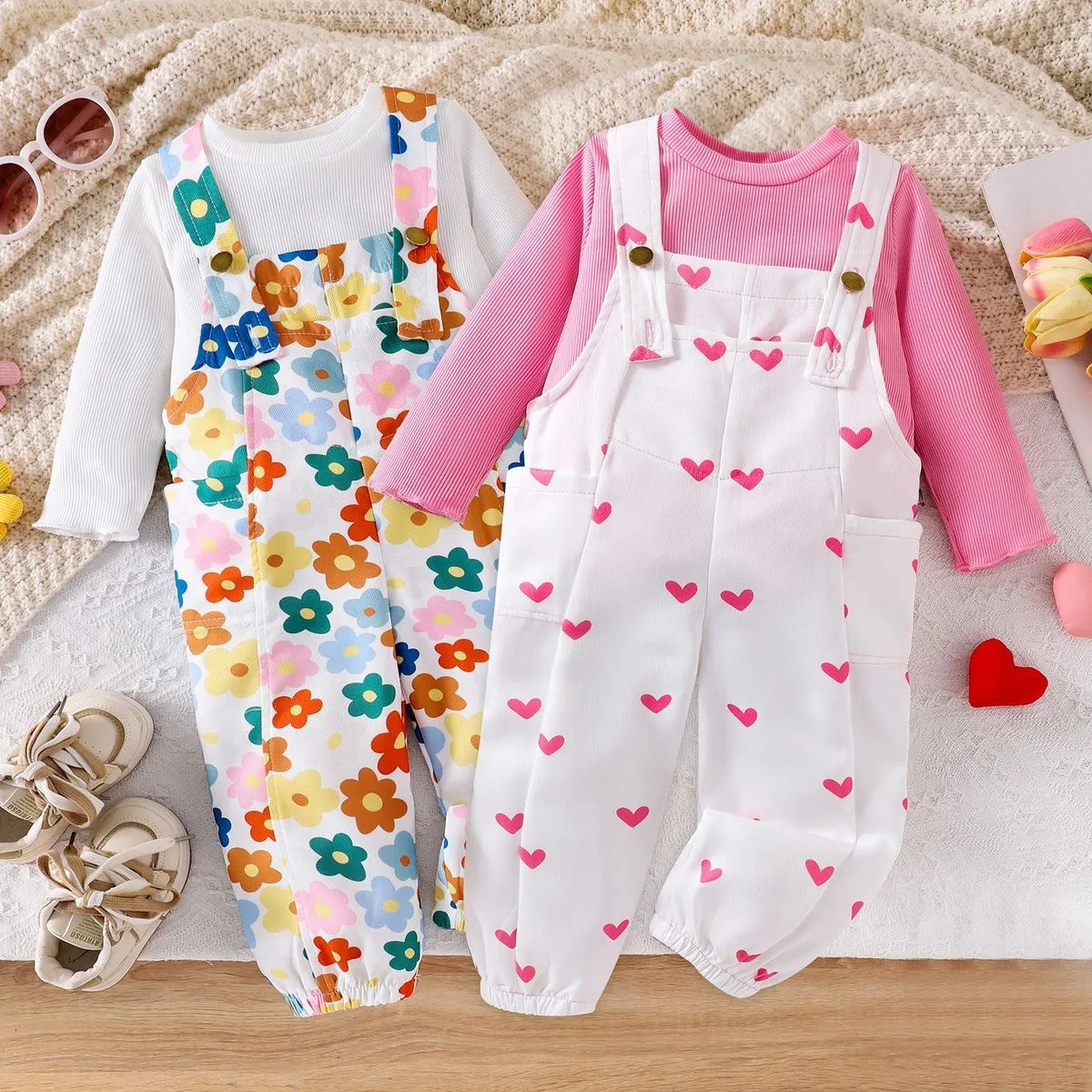 Kids Toddler Girls Casual Stripe Long Sleeve T-Shirt and Heart Flower Print Suspender Pants Set