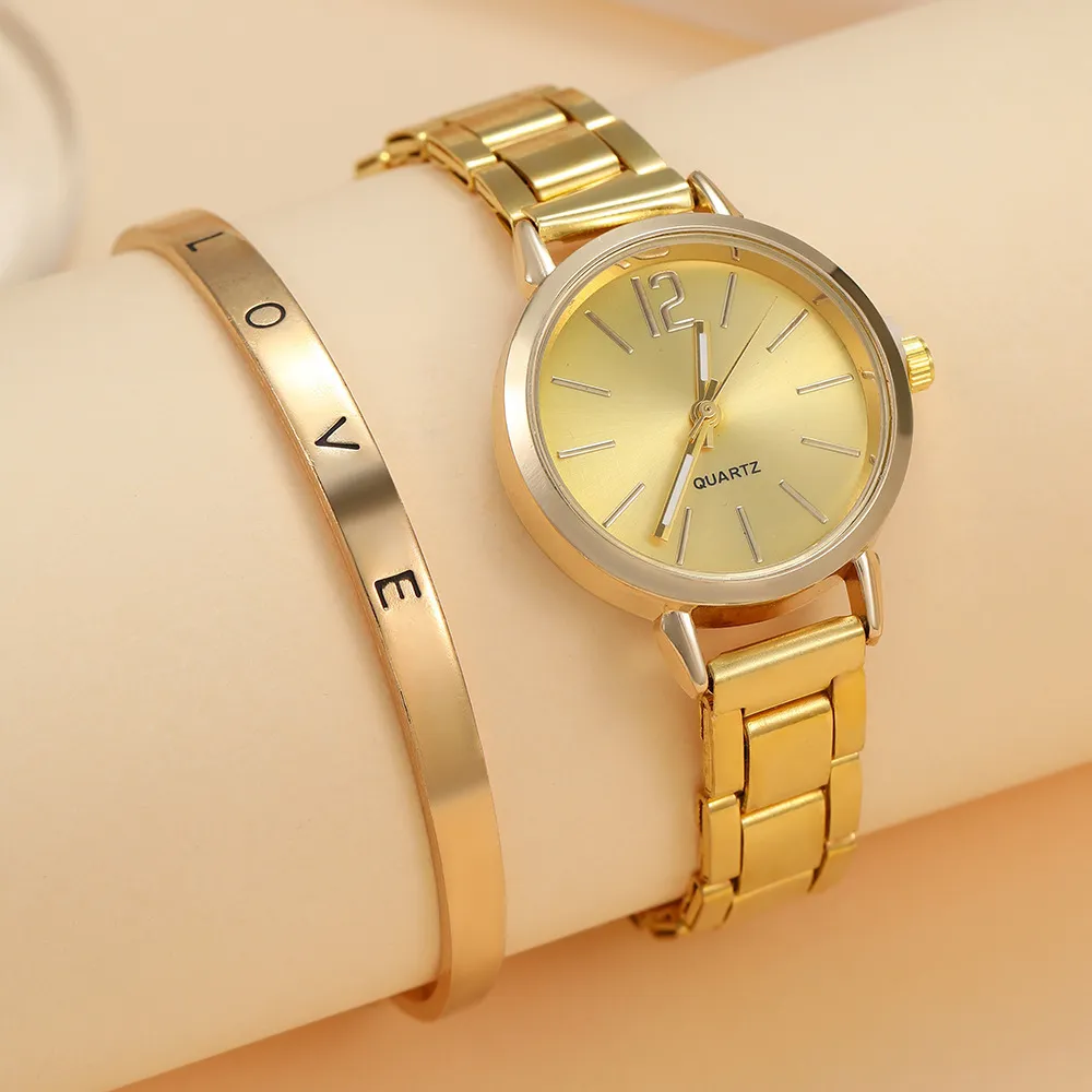 Women's Simple Fashion Small Dial Bangle Quartz Watch Set with Alloy Strap