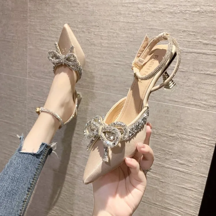 Women Fashion Elegant Rhinestone Bowknot Pointed Toe High-Heeled PU Lining Shoes