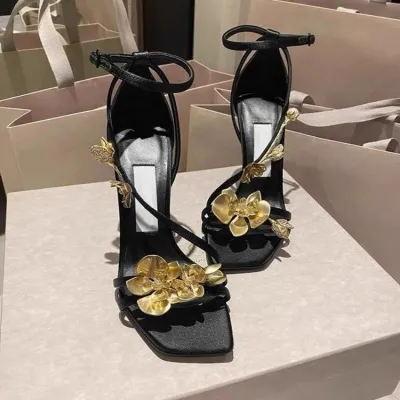 Women Fashion Sexy Square Toe Metallic Floral Rhinestone High Heel Shoes