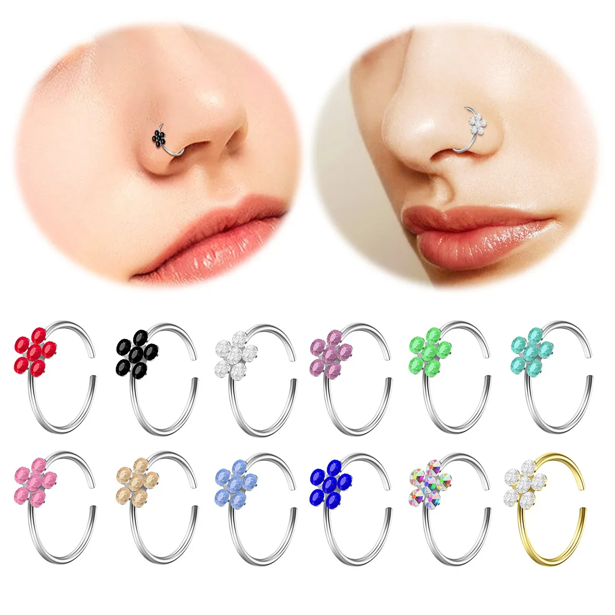 Women Fashion Rhinestone Flower-Shaped Nose Clip Body Piercing Jewelry