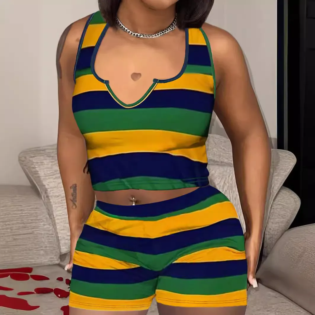 Women's Color Block Stripe V-Neck Tank Top and Tight Shorts Two-Piece Party Set