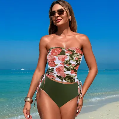 Women Fashion Sexy Floral Printed Quick-Drying Drawstring Tube Bikini Swimsuit
