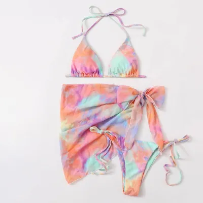 Women Sexy Tie-Dye Chiffon Halter-Neck Lace-Up Bikini Swimsuit Three-Piece Set