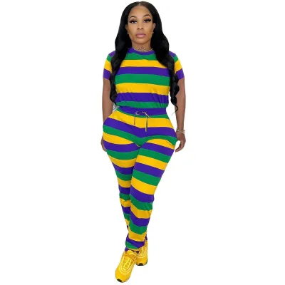 Women Casual Stripe Round Neck Short Sleeve T-Shirt Drawstring Slim-Fit Pants Two-Piece Set