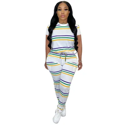 Women Casual Stripe Round Neck Short Sleeve T-Shirt Drawstring Slim-Fit Pants Two-Piece Set