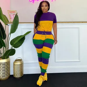 Women Casual Stripe Round Neck Short Sleeve T-Shirt Drawstring Slim-Fit Pants Two-Piece Set