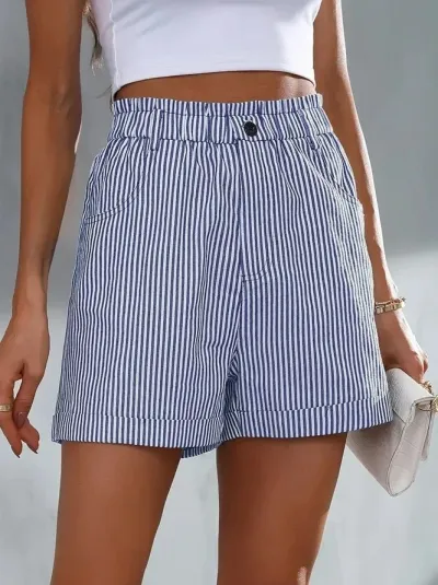 Women Casual Stripe Pocket Shorts with Elastic Waist