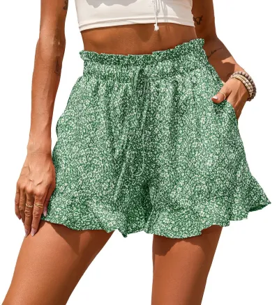 Women Casual Vacation Floral Printed Chiffon Pocket Drawstring Shorts