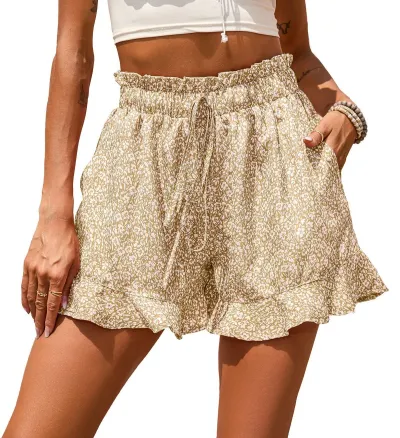 Women Casual Vacation Floral Printed Chiffon Pocket Drawstring Shorts