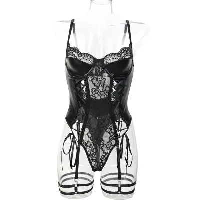 Women Sexy PU Lace-Up Hollow-Out Bra Set