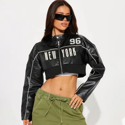 Women Fashion Cool Pu Leather Alphabet Print Color-Contrast Zipper Long-Sleeved Jacket