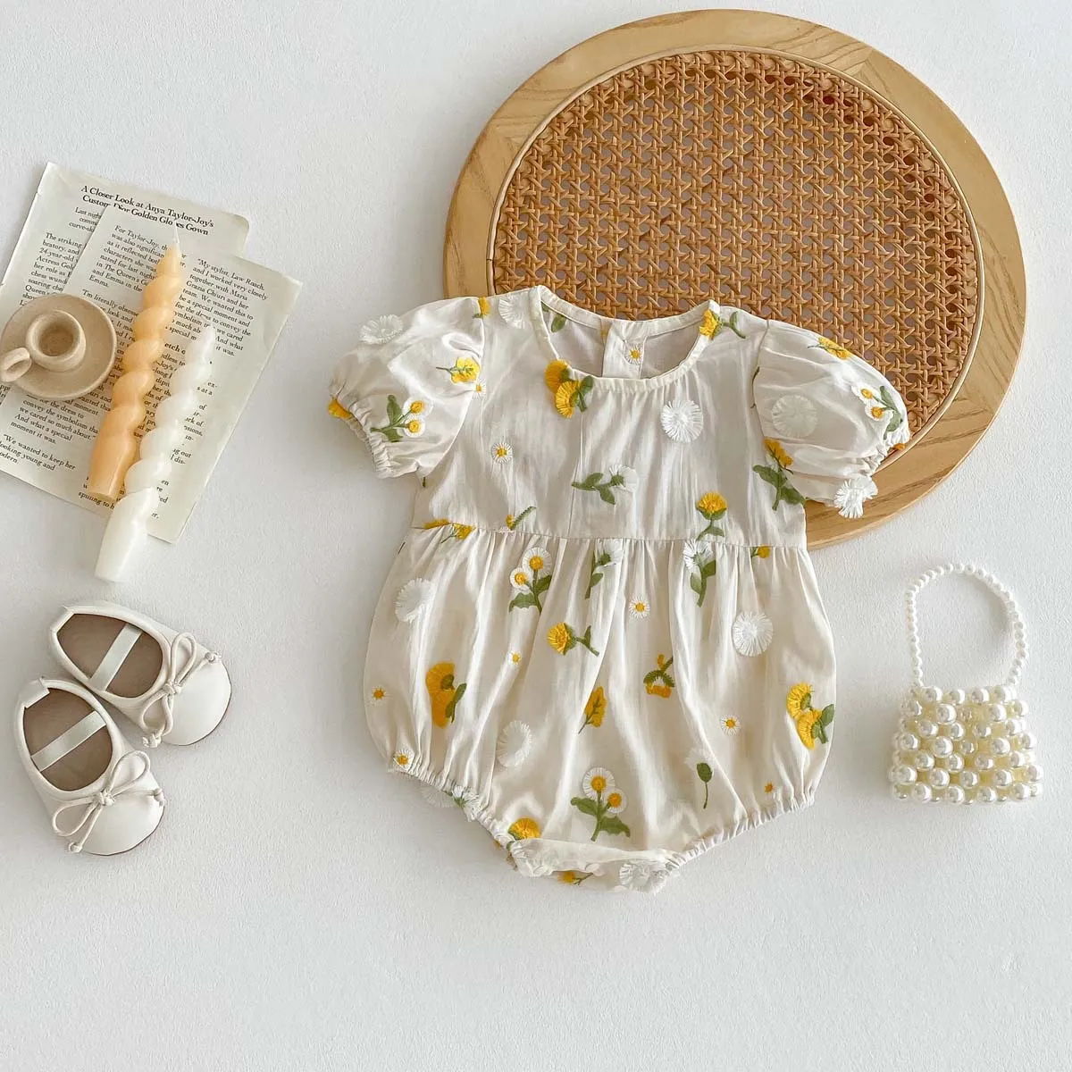 Kids Baby Girls Casual Cute Flower Print Short Sleeve Romper Cotton Hidden Button Triangle Climb