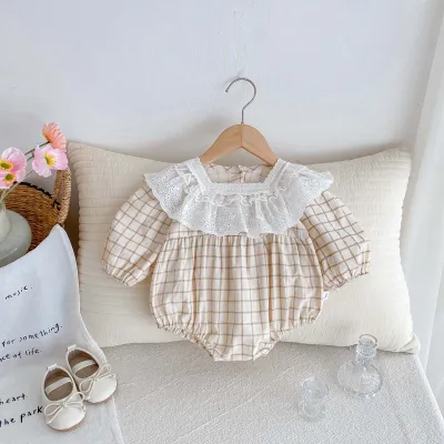 Kids Baby Girls Casual Cute Plaid Print Long Sleeve Romper Pullover