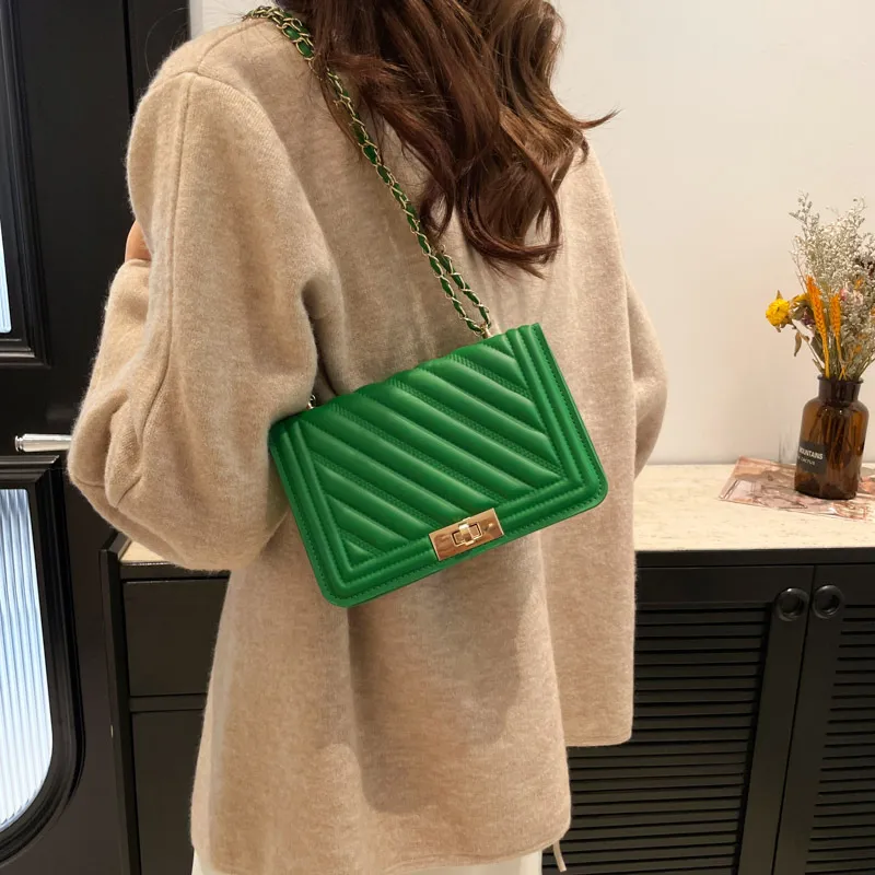 Women Casual Simple Solid Color PU Lock Buckle Chain Square Shoulder Bag