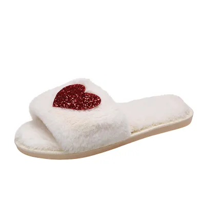 Women Fashion Casual Love Sequin Warm Cotton Slippers Open Toe Plush