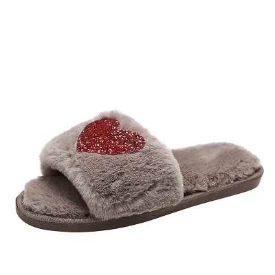 Women Fashion Casual Love Sequin Warm Cotton Slippers Open Toe Plush