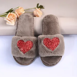 Women Fashion Casual Love Sequin Warm Cotton Slippers Open Toe Plush