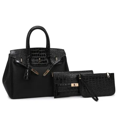 Women Casual Litchi Pattern Stitching Crocodile Handbag Three-Piece Set Bucket Bag