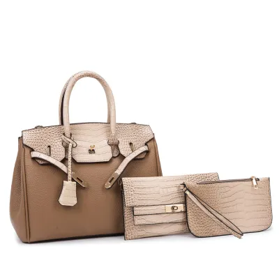 Women Casual Litchi Pattern Stitching Crocodile Handbag Three-Piece Set Bucket Bag