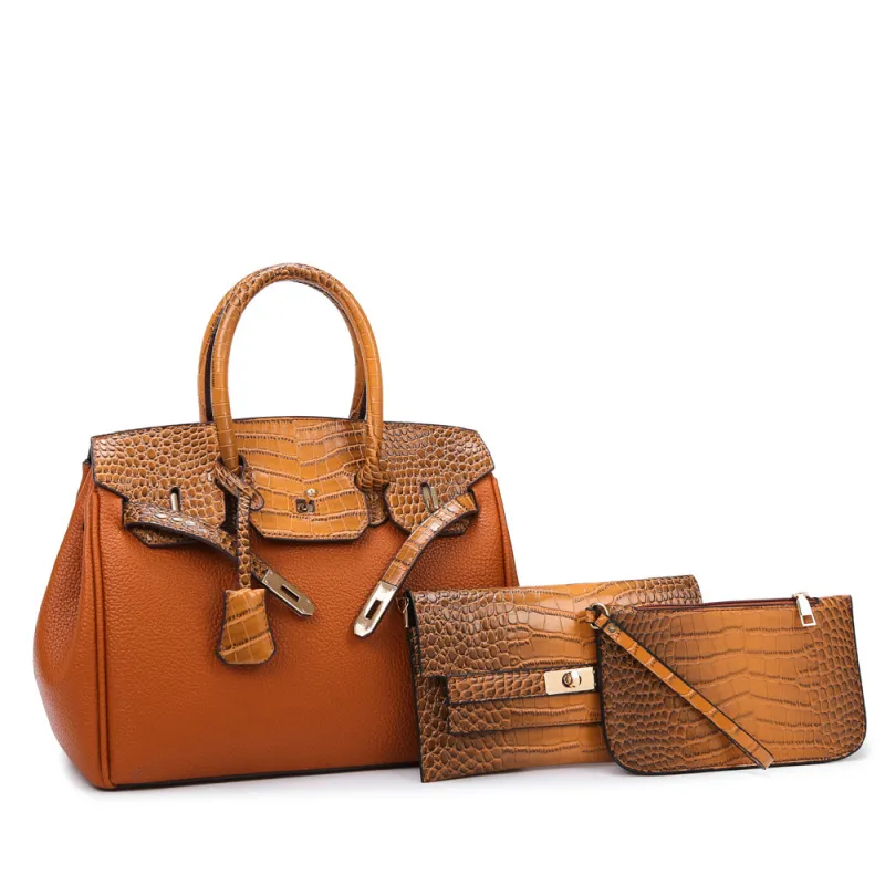 Women Casual Litchi Pattern Stitching Crocodile Handbag Three-Piece Set Bucket Bag