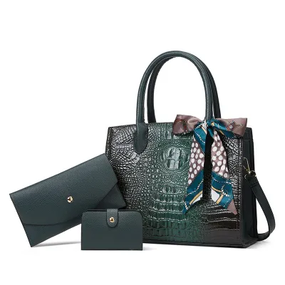 Women Fashion Crocodile Pattern Silk Handbag Three-Piece Set