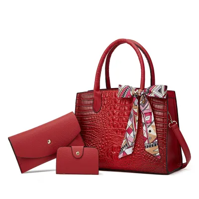 Women Fashion Crocodile Pattern Silk Handbag Three-Piece Set