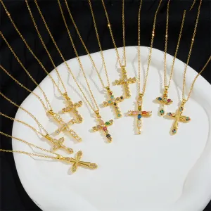 Women Fashion Zircon Titanium Steel Cross Necklace with O-Chain